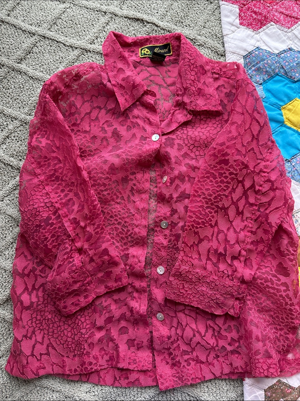 Mirasol Fuchsia Pink Sheer Button-Down Mesh Blouse
